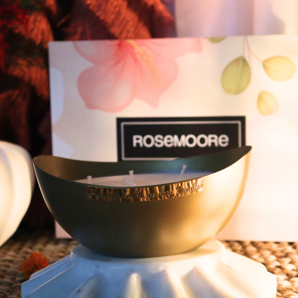Rosemoore Scented Premium Metal Large Bowl Candle Matte Gold - White Oud Fragrance
