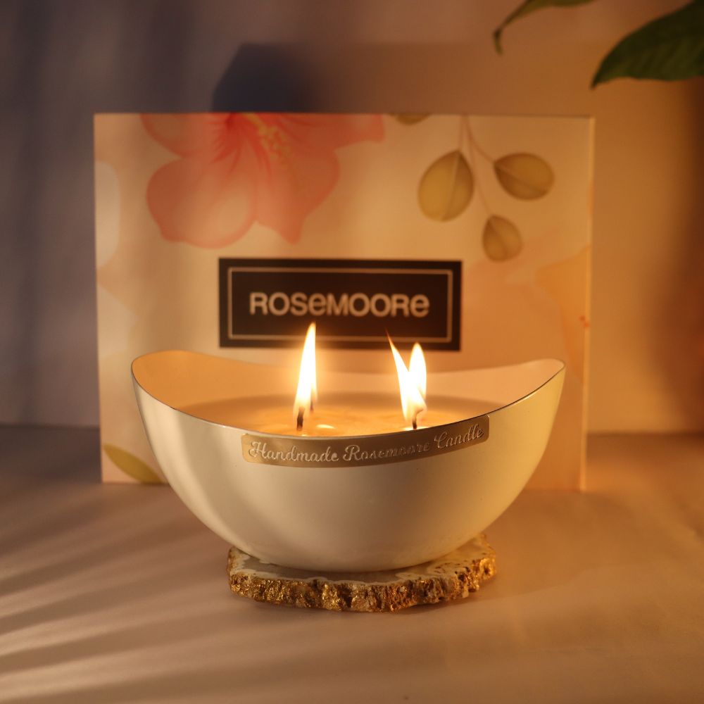 Rosemoore Scented Premium Metal Large Bowl Candle White- Gingerlily Fragrance